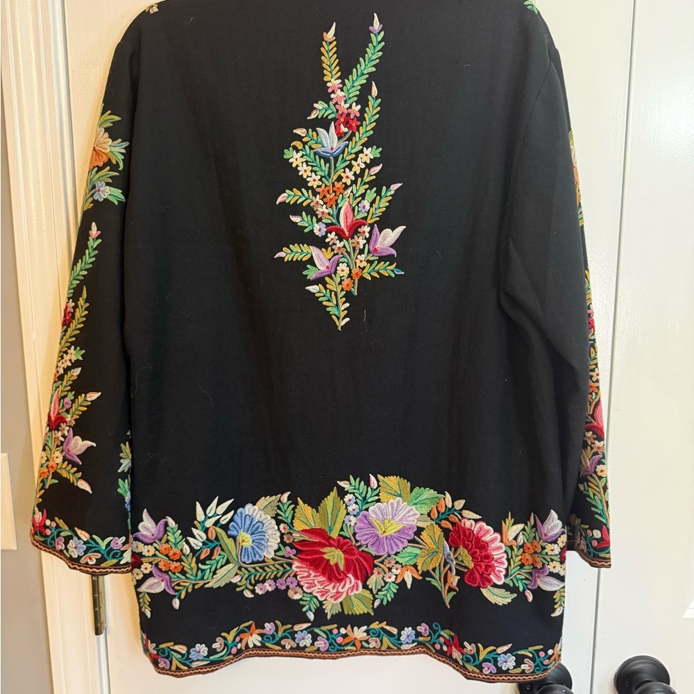 black wool Kashmiri jacket featuring multicolor allover Aari embroidery - Picture 8 of 15